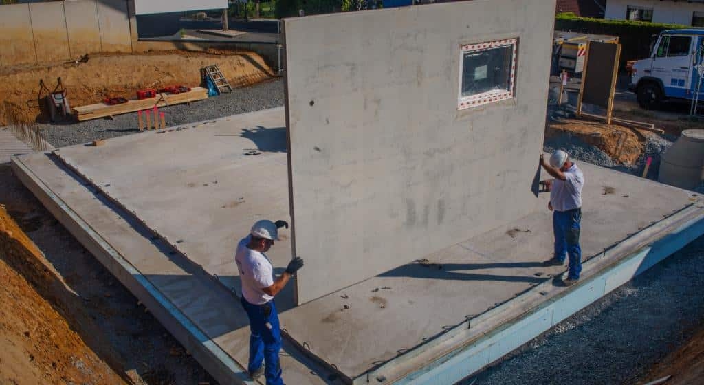 Zwei Mitarbeiter platzieren eine Wand während eines Kellerbaus.